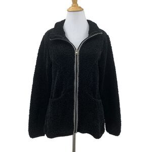 Straight Down Teddy Jacket Womens S Small Black Embroidered Zip Up Long Sleeve